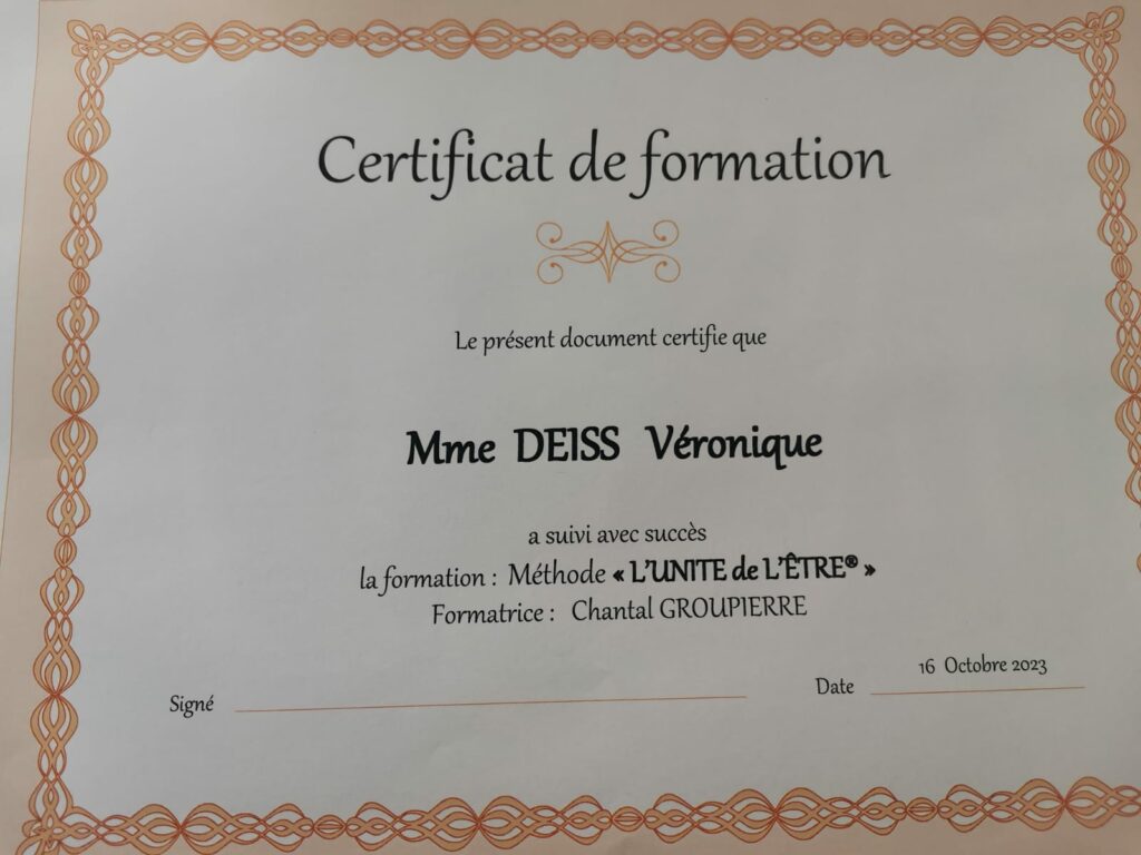 Certificat de formation Unité de l'être Véronique DEISS